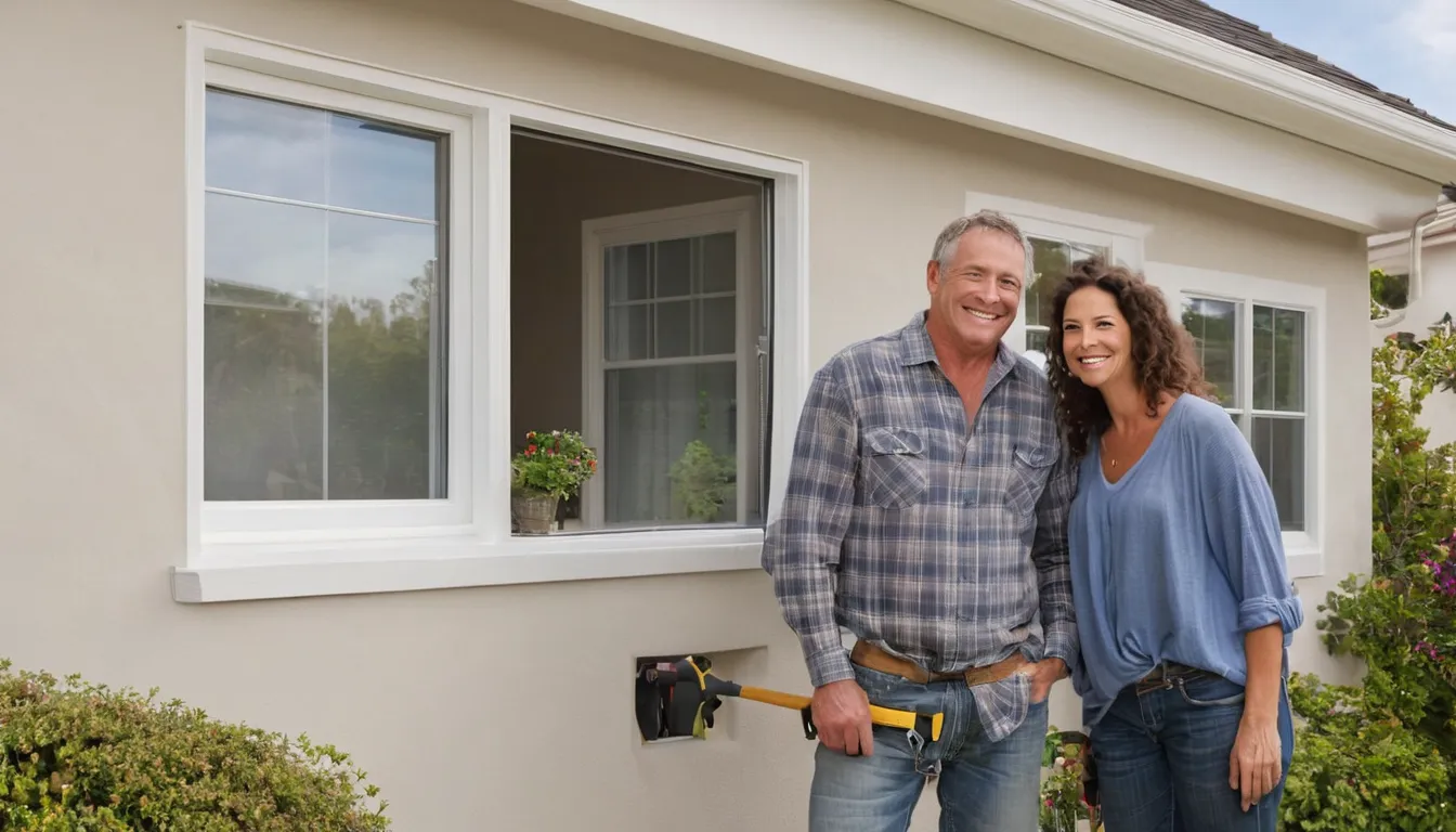 Friendly provider fitting a new window into a stucco ranch home in Whittier while a homeowner looks on